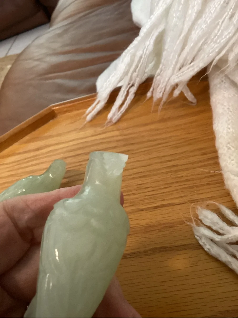 Carved Jade-Look Parrot Figurines -Have Damage on Head Feathers